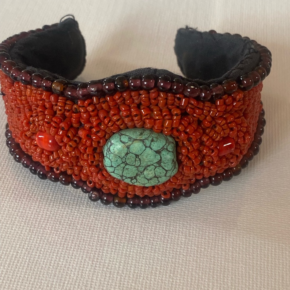 NavajoTrue Coral hand beaded Adjustable bracelet w TURQUOISE.
